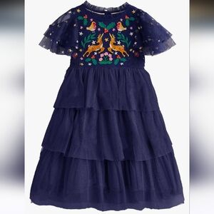 Mini Taylor Girls Navy Tiered Tulle Dress with Colorful Embroidery. Size 2-3Y